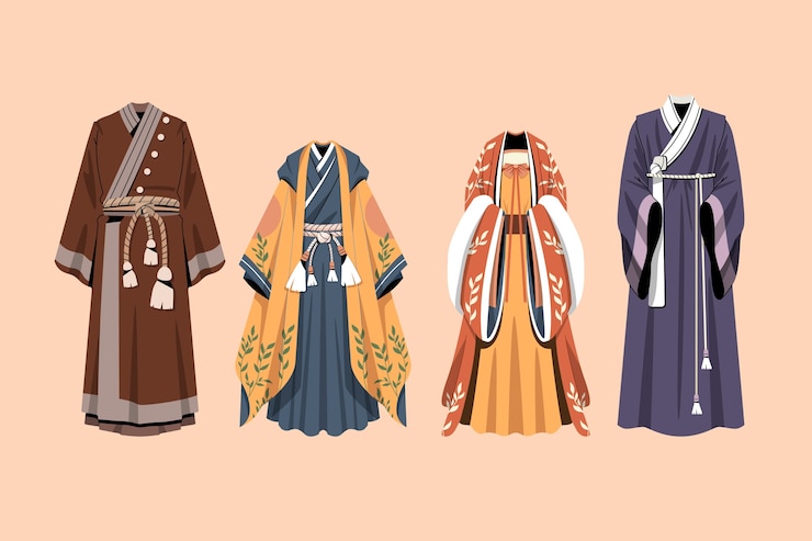 Vetor ilustração da coleção de trajes tradicionais asiáticos planos