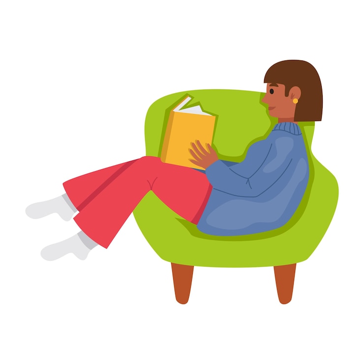 Vetor ilustração da coleção - uma mulher sentada em uma cadeira e lendo um livro.