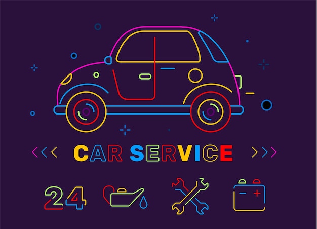 Ilustração da cor neon do carro retrô com ícone e título em fundo preto