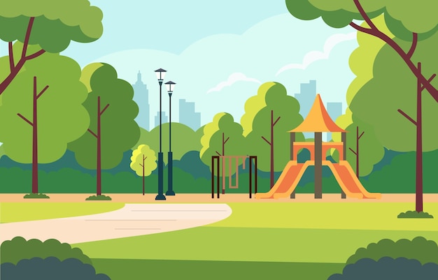 Vetor ilustração da designação de um escorregador em um parque da cidade com árvores verdes em um dia brilhante