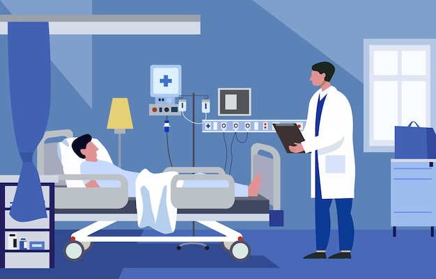 Ilustração da designação do médico masculino que verifica a saúde do paciente na sala de internação do hospital