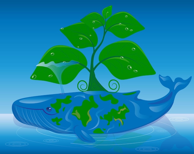 Ilustração da ecologia do nosso mundo A baleia personifica o planeta terra no oceano uma árvore ecológica cresce nele Vamos salvar nossa bela natureza juntos