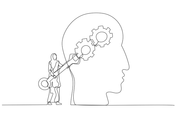 Vetor ilustração da empresária muçulmana com o uso da metáfora das rodas dentadas da engrenagem de fixação da chave inglesa para mudar a atitude da mentalidade estilo de arte de linha contínua única