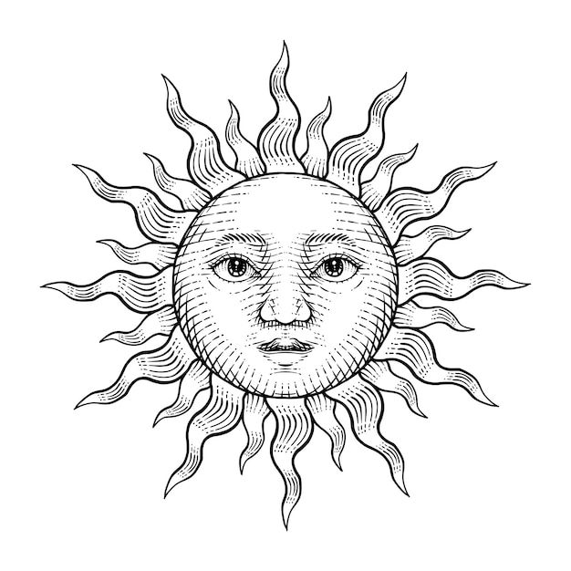 Vetor ilustração da face do sol desenhada em estilo de gravura