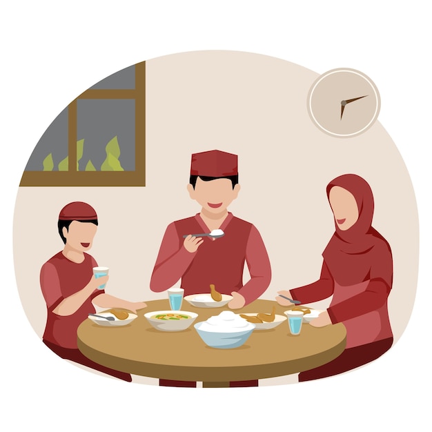 Ilustração da família muçulmana come melhor juntos para Ramadan Iftar ou design sahur