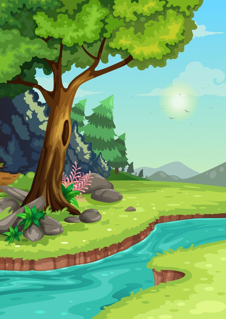 Vetor ilustração da floresta com um fundo do rio