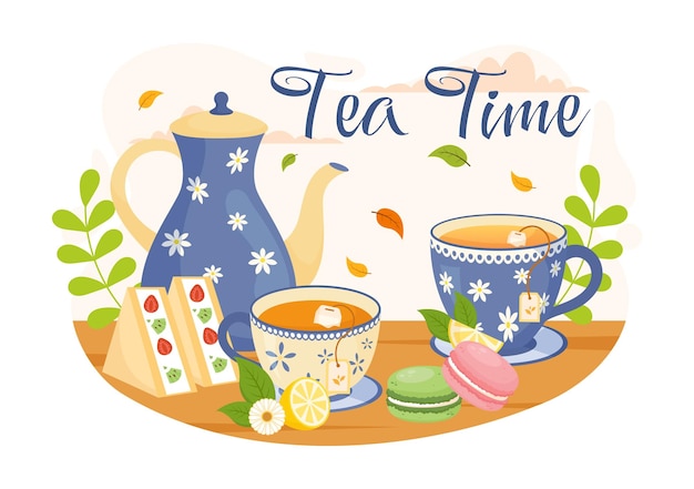 Ilustração da hora do chá com xícara de bebida quente, sobremesas doces e biscoitos geralmente feitos entre as refeições