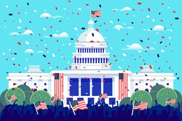 Vetor ilustração da inauguração presidencial com casa branca e bandeiras americanas