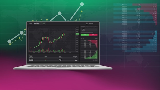Ilustração da interface do usuário de negociação de ações profissional no laptop moderno