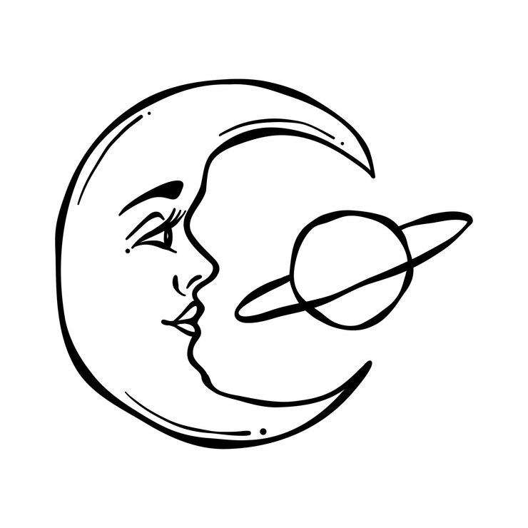 Vetor ilustração da lua com um planeta desenhado à mão, clip art vetorial de crescente