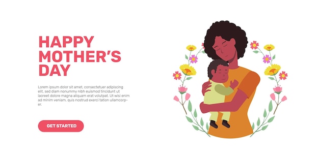 Ilustração da mãe negra afro-africana abraçando filho ou filha no braço para o conceito de cartão de saudação do dia das mães