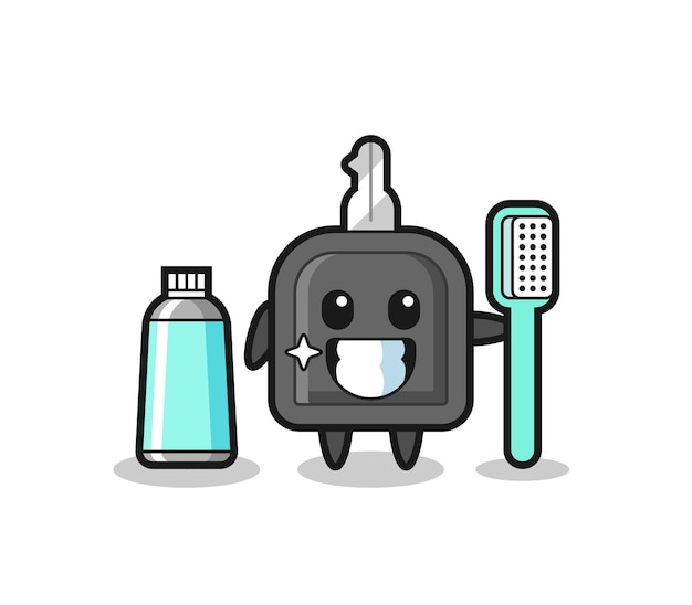 Ilustração da mascote da chave do carro com uma escova de dentes, design de estilo fofo para camiseta, adesivo, elemento de logotipo