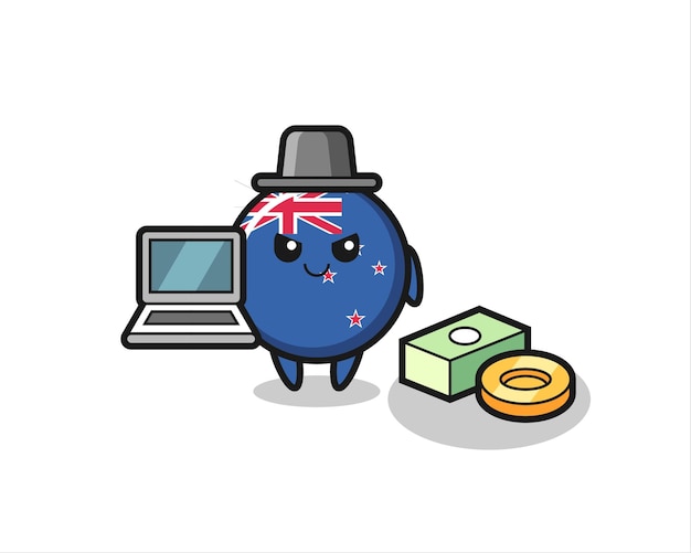 Ilustração da mascote do distintivo da bandeira da nova zelândia como um hacker