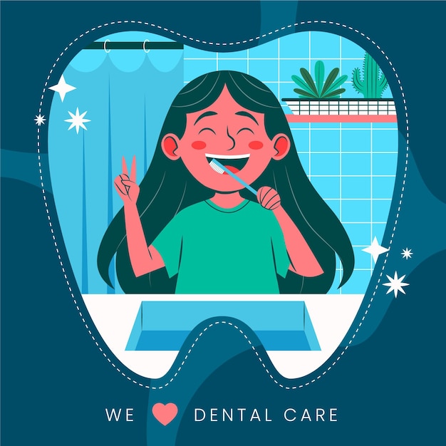Ilustração da menina cuidando da higiene dental