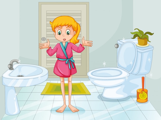 Vetor ilustração da menina em pé no banheiro limpo
