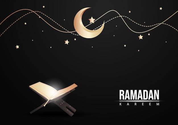 Ilustração da mesa e do alcorão. brilha à noite. o mês de ramadan kareem. fundo dourado.