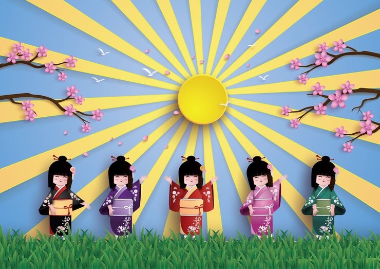 Vetor ilustração da natureza com a temporada de primavera, meninas japonesas