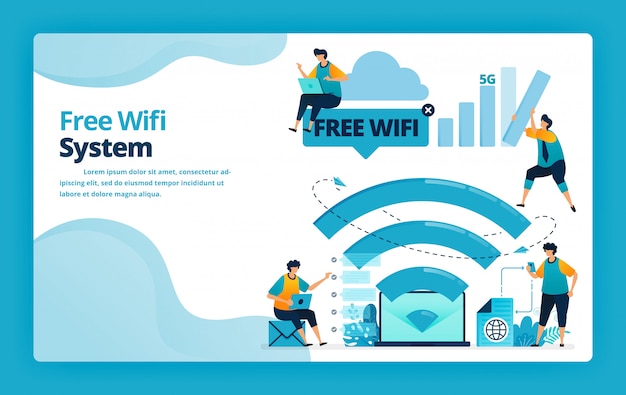 Vetor ilustração da página de destino do sistema wi-fi gratuito para uma conexão à internet mais barata e mais eficiente
