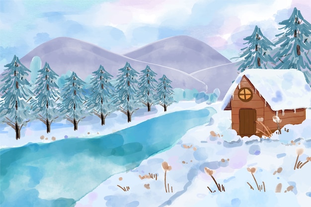Ilustração da paisagem de inverno em aquarela