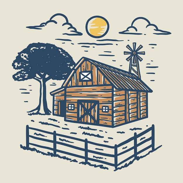 Ilustração da paisagem de uma casa de fazenda com cerca e árvores no estilo vintage durante o dia