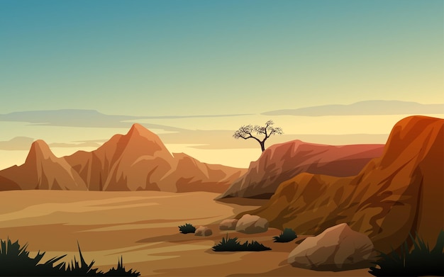 Ilustração da paisagem do deserto com colinas e rochas