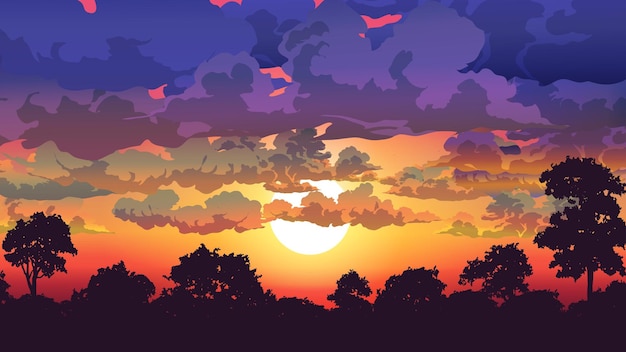 Ilustração da paisagem do pôr do sol nublado da floresta