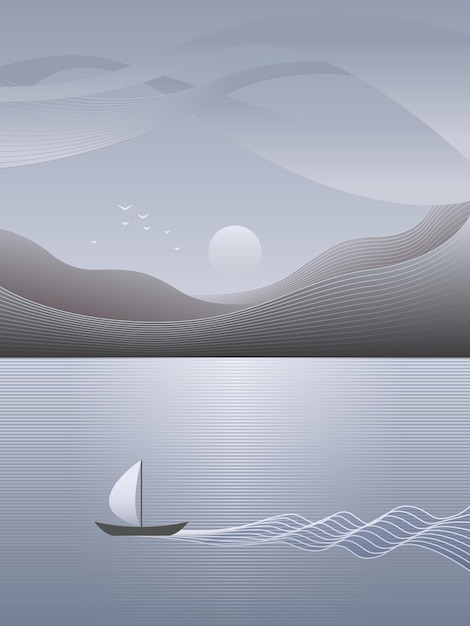Ilustração da paisagem marítima com veleiro branco e litoral em cores cinza prateado