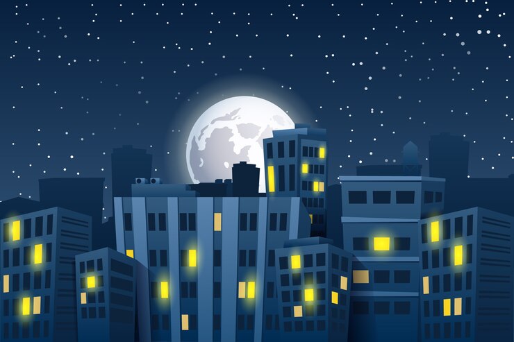 Ilustração da paisagem urbana à noite com a lua