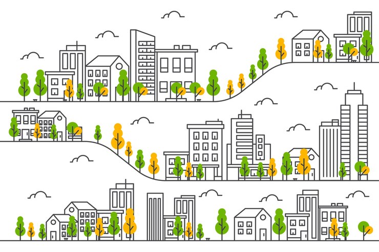 Vetor ilustração da paisagem urbana, estilo de linha fina