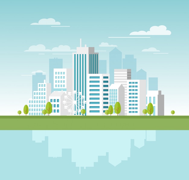 Ilustração da paisagem urbana moderna, com arranha-céus brancos e grandes edifícios. Modelo de site conceito para banner em estilo.