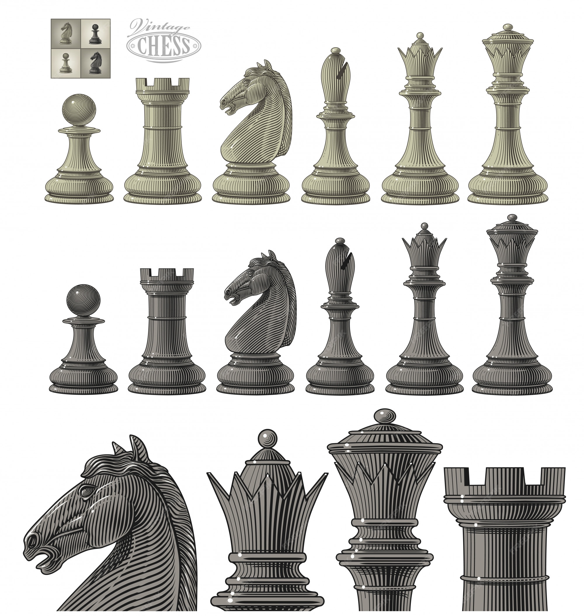 Ilustração da peça de xadrez no estilo de gravura vintage