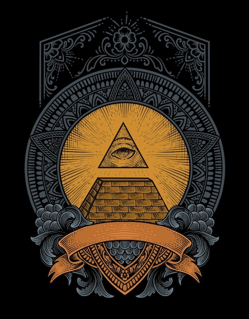 Vetor ilustração da pirâmide illuminati com estilo de gravura