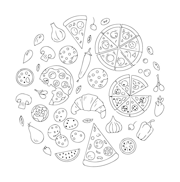 Ilustração da pizza e dos ingredientes