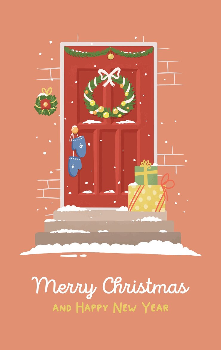 Vetor ilustração da porta vermelha do cartão de natal com decoração de ano novo
