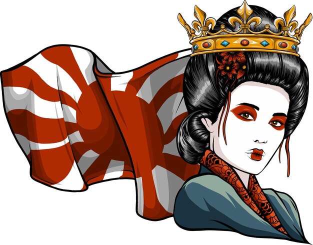 Vetor ilustração da rainha da gueixa com bandeira do sol nascente