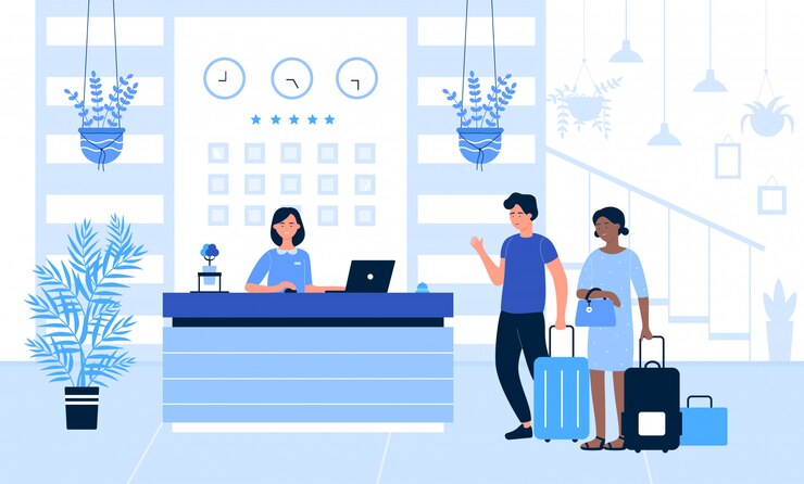 Vetor ilustração da recepção do hotel, desenho animado ou pessoas viajantes em pé na mesa no interior da sala do saguão do escritório, falando com a recepcionista