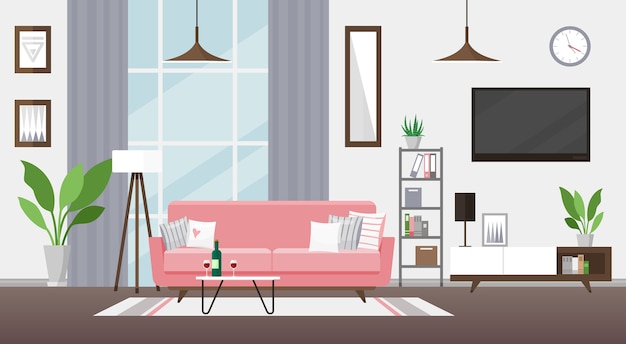 Vetor ilustração da sala de estar design interior moderno e detalhado quarto com sofá rosa