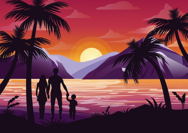 Ilustração da silhueta da família com mãe, pai e filho na praia sob a palmeira no fundo por do sol e montanhas em estilo simples.