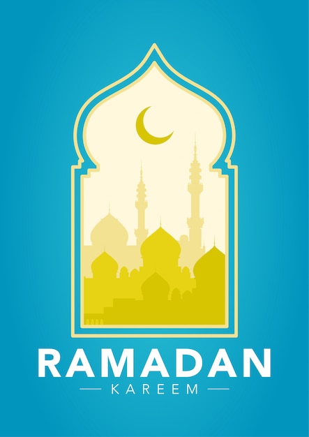 Ilustração da silhueta da mesquita na janela árabe. ilustração plana do ramadan kareem conceito