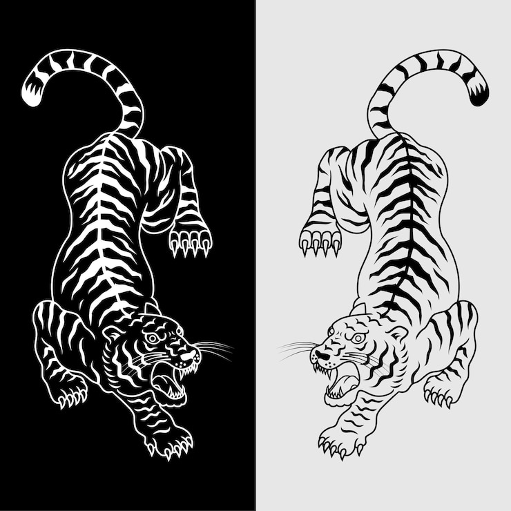Ilustração da tatuagem do tigre em preto e branco. Vetor