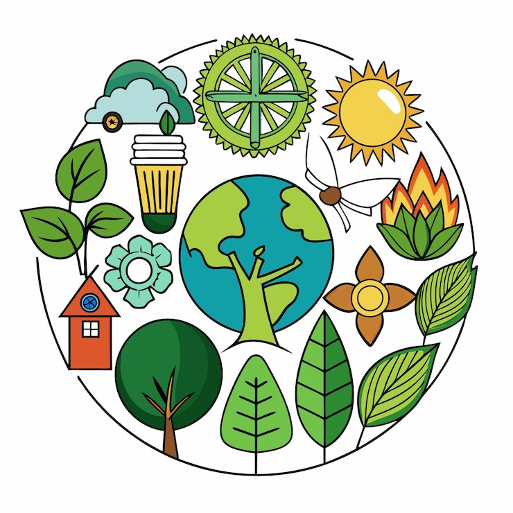 Vetor ilustração da terra com plantas, sol e outros elementos naturais