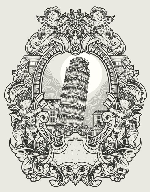 Ilustração da torre de pisa vintage com estilo de gravura