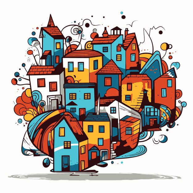 Ilustração da vila com estilo pop art