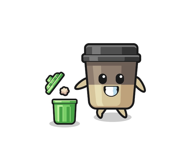 Ilustração da xícara de café jogando lixo na lata de lixo