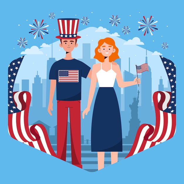 Ilustração de 4 de julho de pessoas americanas desenhadas à mão