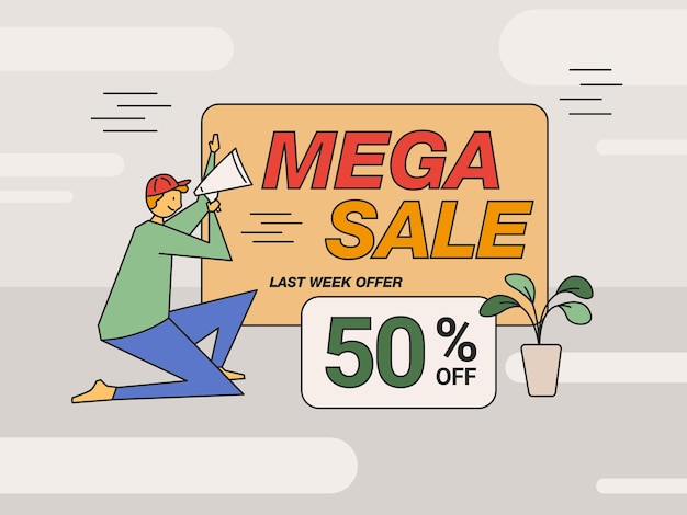 Ilustração de 50% de desconto de mega venda com homem segurando alto-falante