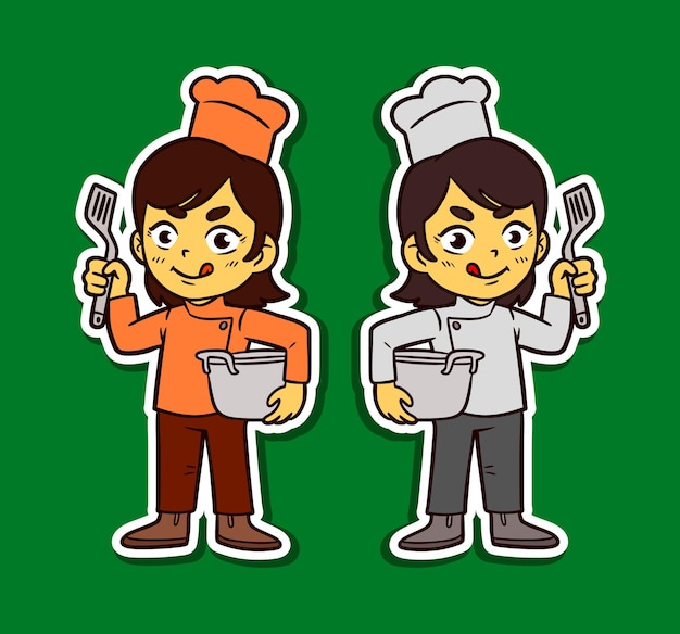 Ilustração de adesivo de Doodle de Garota cozinhando