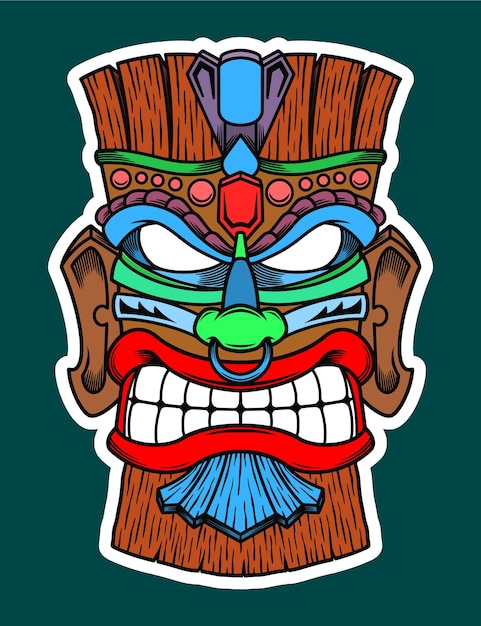 Ilustração de adesivo de máscara Tiki tradicional desenhada à mão