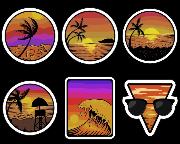 Ilustração de adesivos retro do pôr do sol na praia