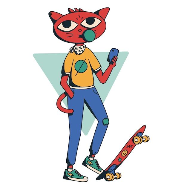 Ilustração de adolescente de desenho animado plana vetorial gato em um skate com smartphone